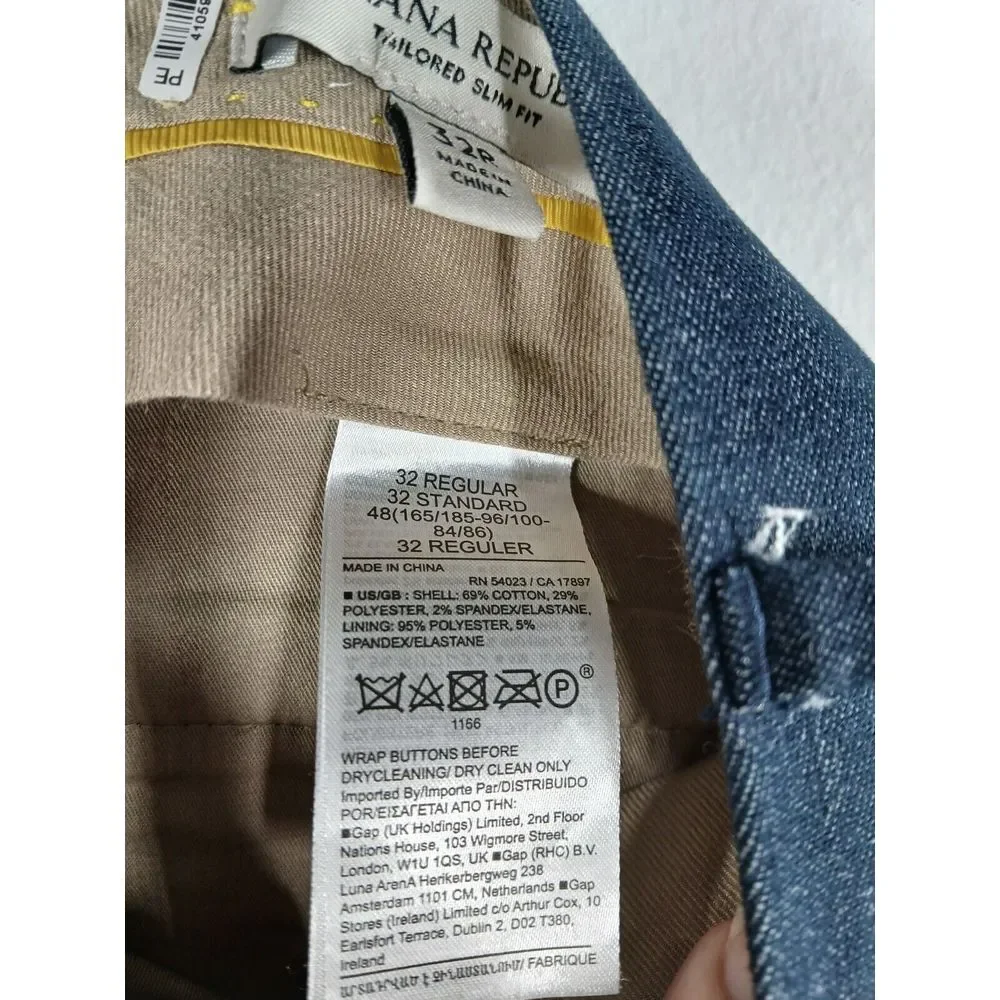 Banana Republic Pants Men's 32R  Blue Chino‎ Straight Leg Long Tailored Slim Fit